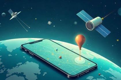 Ilustración de satélites GPS orbitando la Tierra con un smartphone mostrando un mapa