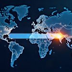Ilustración de un buscador de internet sobre un mapa de conexiones