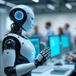 Ilustración de un robot humanoide trabajando junto a personas
