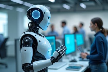 Ilustración de un robot humanoide trabajando junto a personas