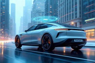 Ilustración de un coche autónomo eléctrico circulando por una ciudad futurista con sensores y conexiones digitales