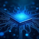 Chip de silicio emitiendo dados luminosos y ruido digital que se convierte en una llave cifrada