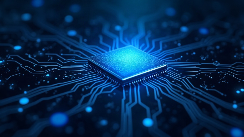 Chip de silicio emitiendo dados luminosos y ruido digital que se convierte en una llave cifrada