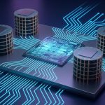 Pilas de memoria HBM junto a un chip de calculo sobre un sustrato de silicio