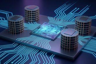 Pilas de memoria HBM junto a un chip de calculo sobre un sustrato de silicio