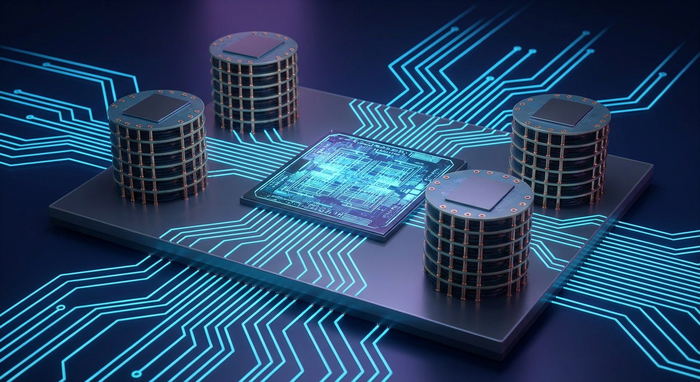 Pilas de memoria HBM junto a un chip de calculo sobre un sustrato de silicio