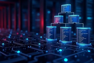 Ilustración técnica de índices y B-trees en bases de datos relacionales