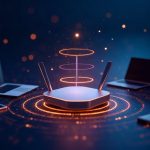 Ilustración de router Wi-Fi 7 con ondas de radio en varias bandas