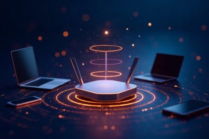 Ilustración de router Wi-Fi 7 con ondas de radio en varias bandas
