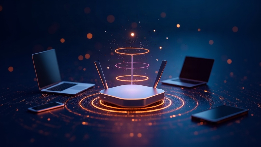 Ilustración de router Wi-Fi 7 con ondas de radio en varias bandas