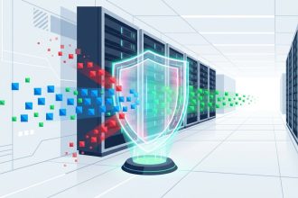 Ilustración de firewall de red filtrando paquetes