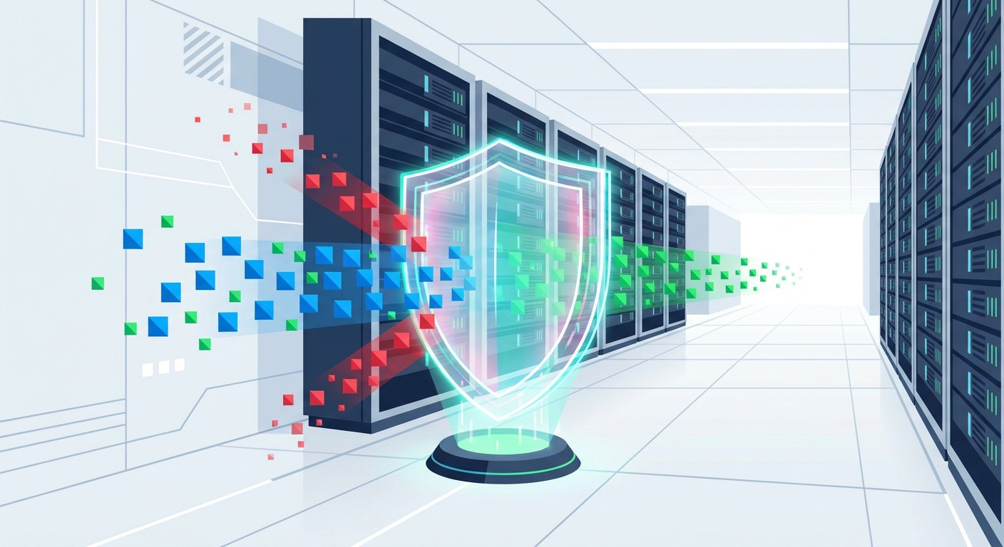 Ilustración de firewall de red filtrando paquetes