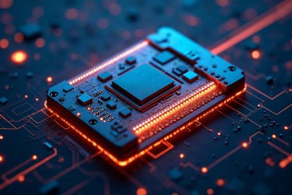 Ilustración de un SSD con chips NAND y controlador